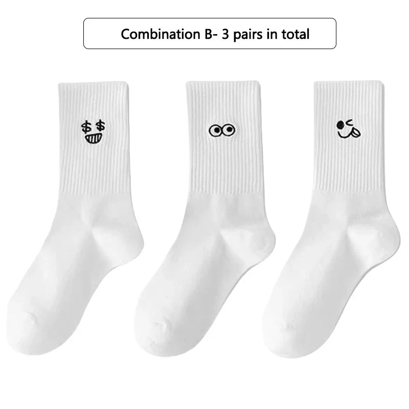 3/ 5 Pairs Women's Cartoon Socks Autumn Girls Cute Funny Expression Pattern Mid Tube Kawaii Casual Breathabl White Female Socks