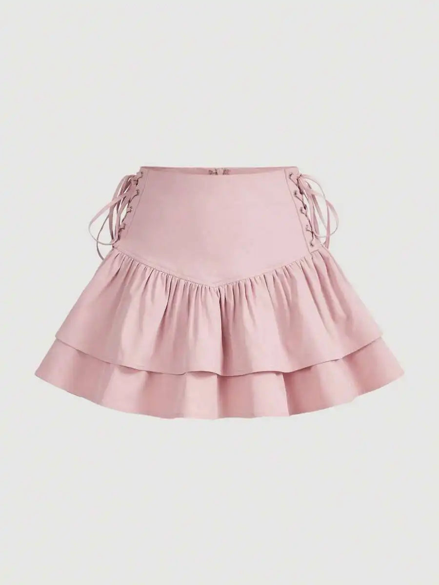 Women Solid Lace Up Side Ruffle Hem Mini Skirt For Summer