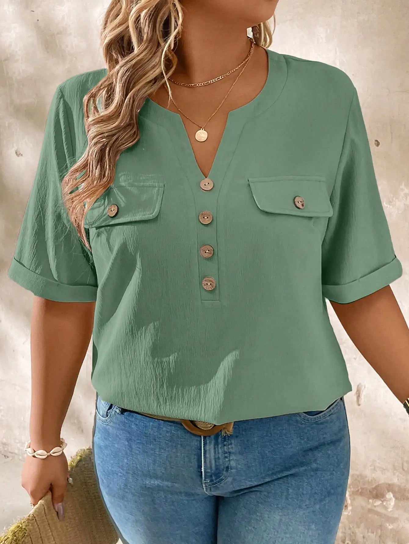 Casual V-Neck Short Sleeve Shirt With Wood Buttons
