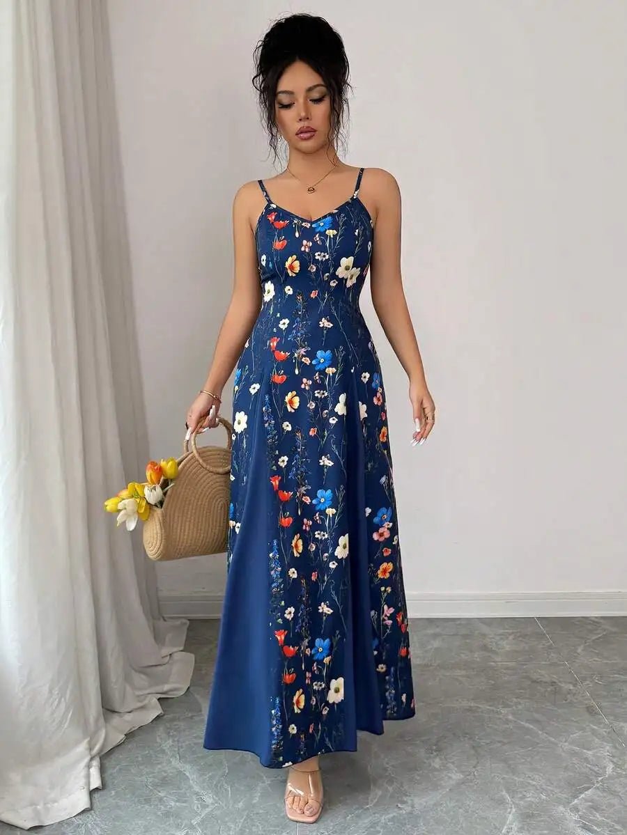 Womens V-Neck Floral Print Sleeveless Long Sundress Blue Casual Maxi Dress