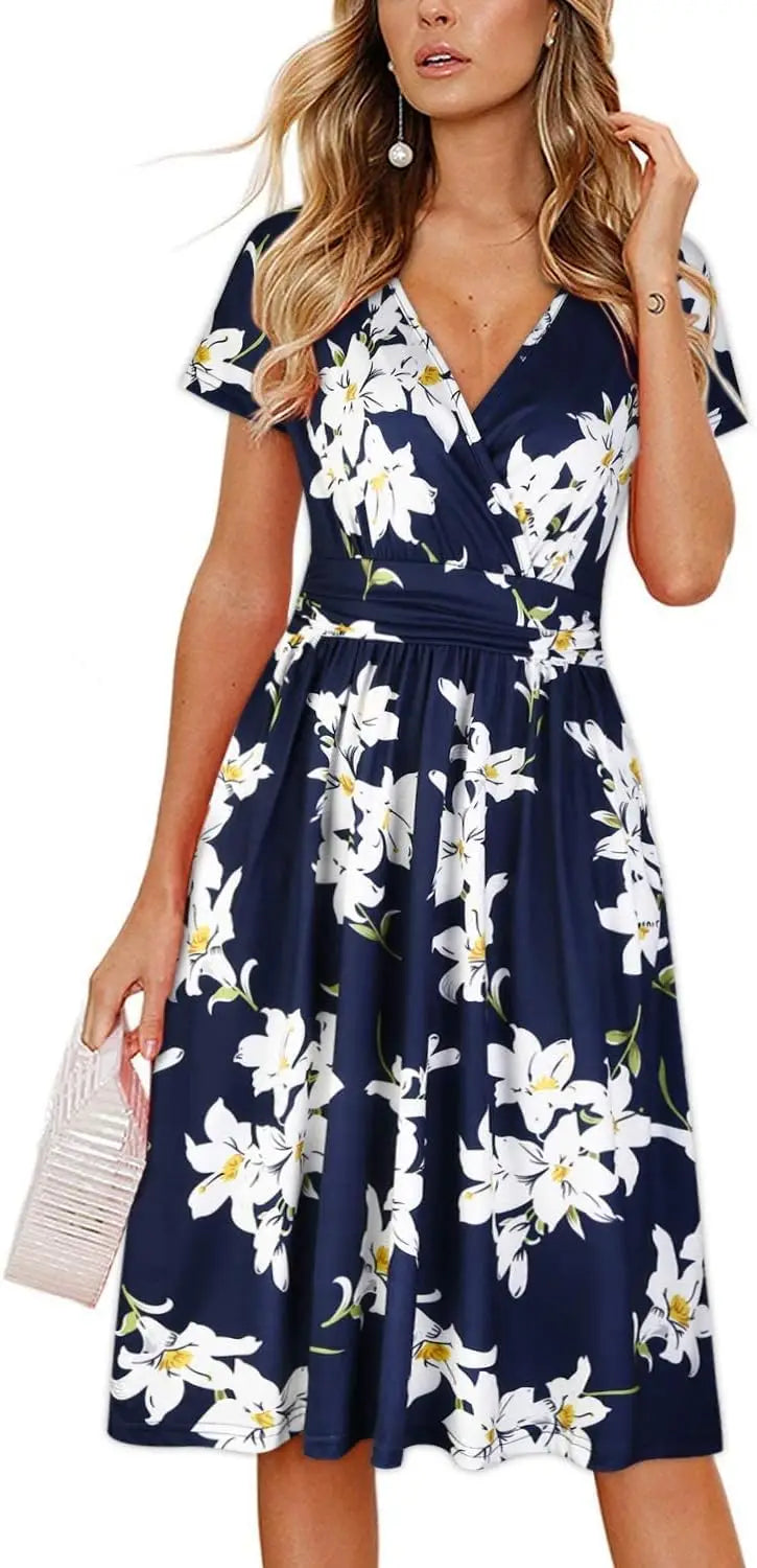 Women's Summer Wrap A-Line Midi Dress with Pocket and V-Neck