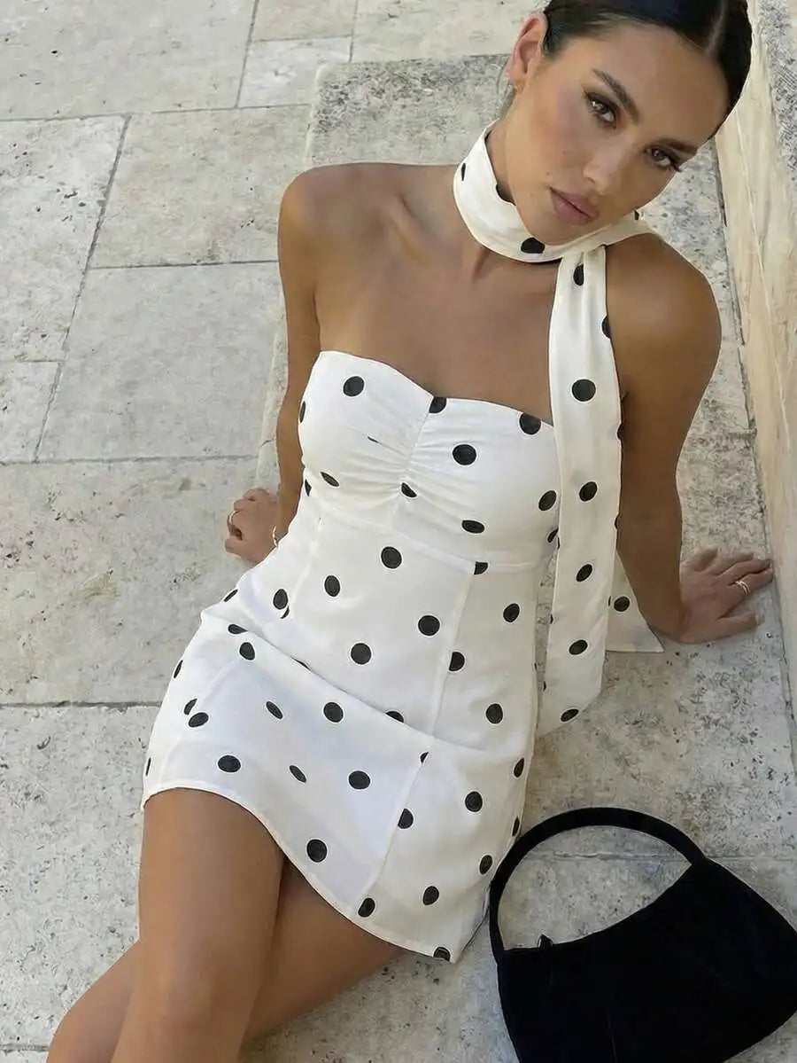 Womens Polka Dot Halter Neck Sleeveless A-Line Mini Dress Casual Yellow