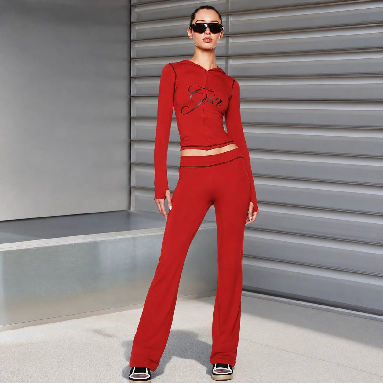 Red Women's Zip-Up Crop Top & Leggings Set with 'Girl' Graphic, Street Style Sporty 2-Piece Outfit for Parties
