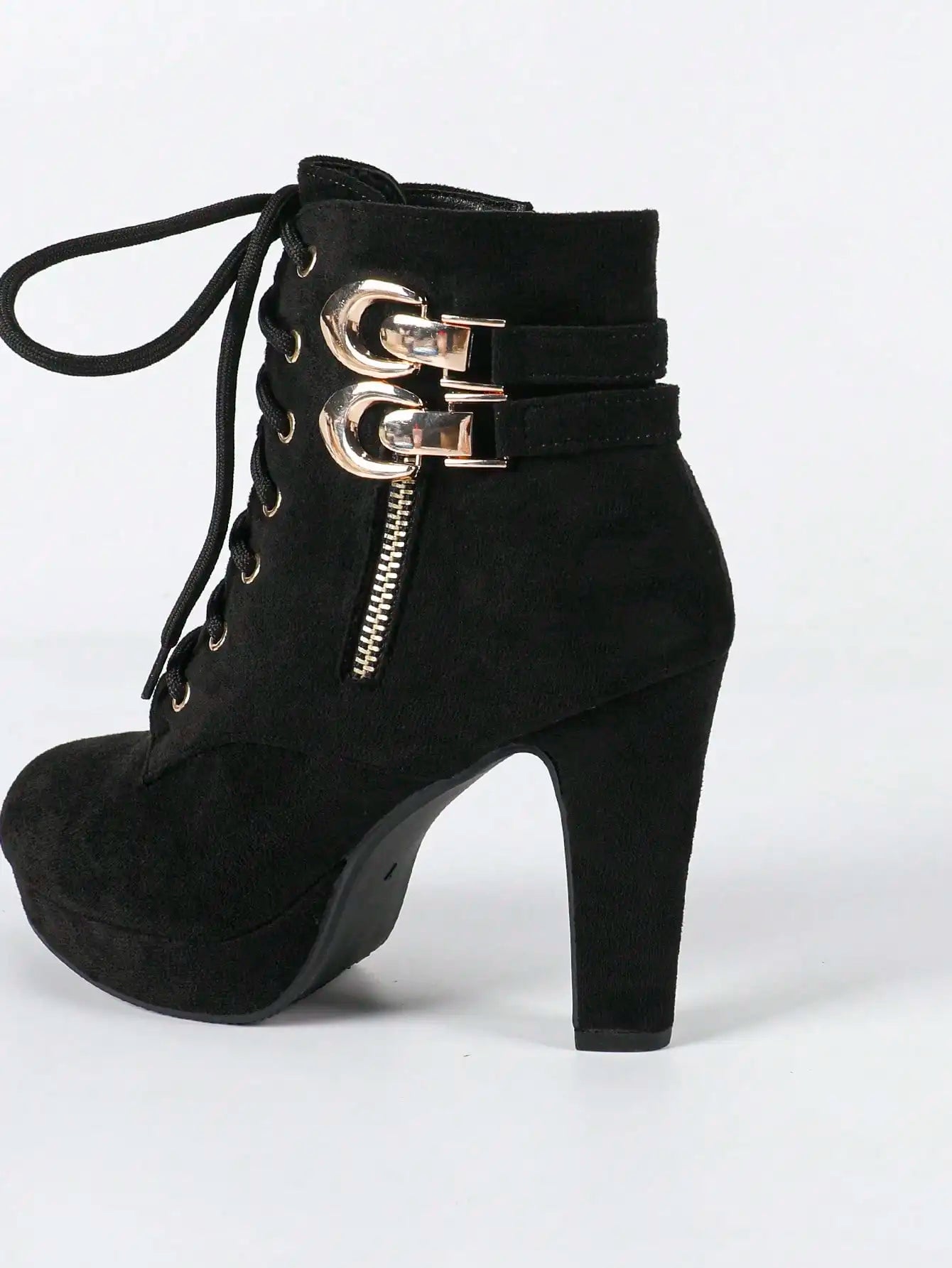 Women's Black Suede Platform Ankle Boots, Lace-Up Chunky High Heel Booties with Metal Buckle, Side Zipper