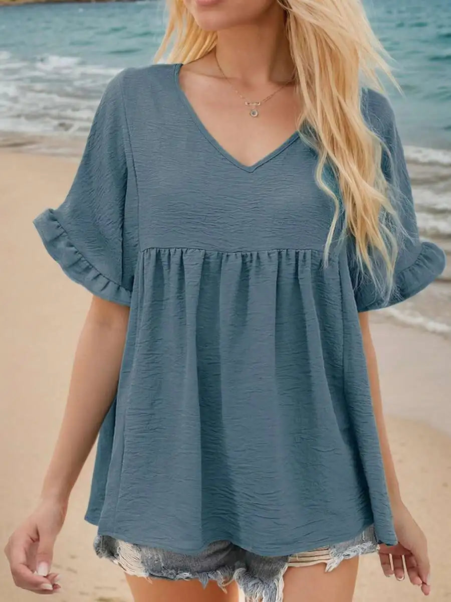 Womens V-Neck Pleated Ruffle Sleeve Casual Beach Shirt