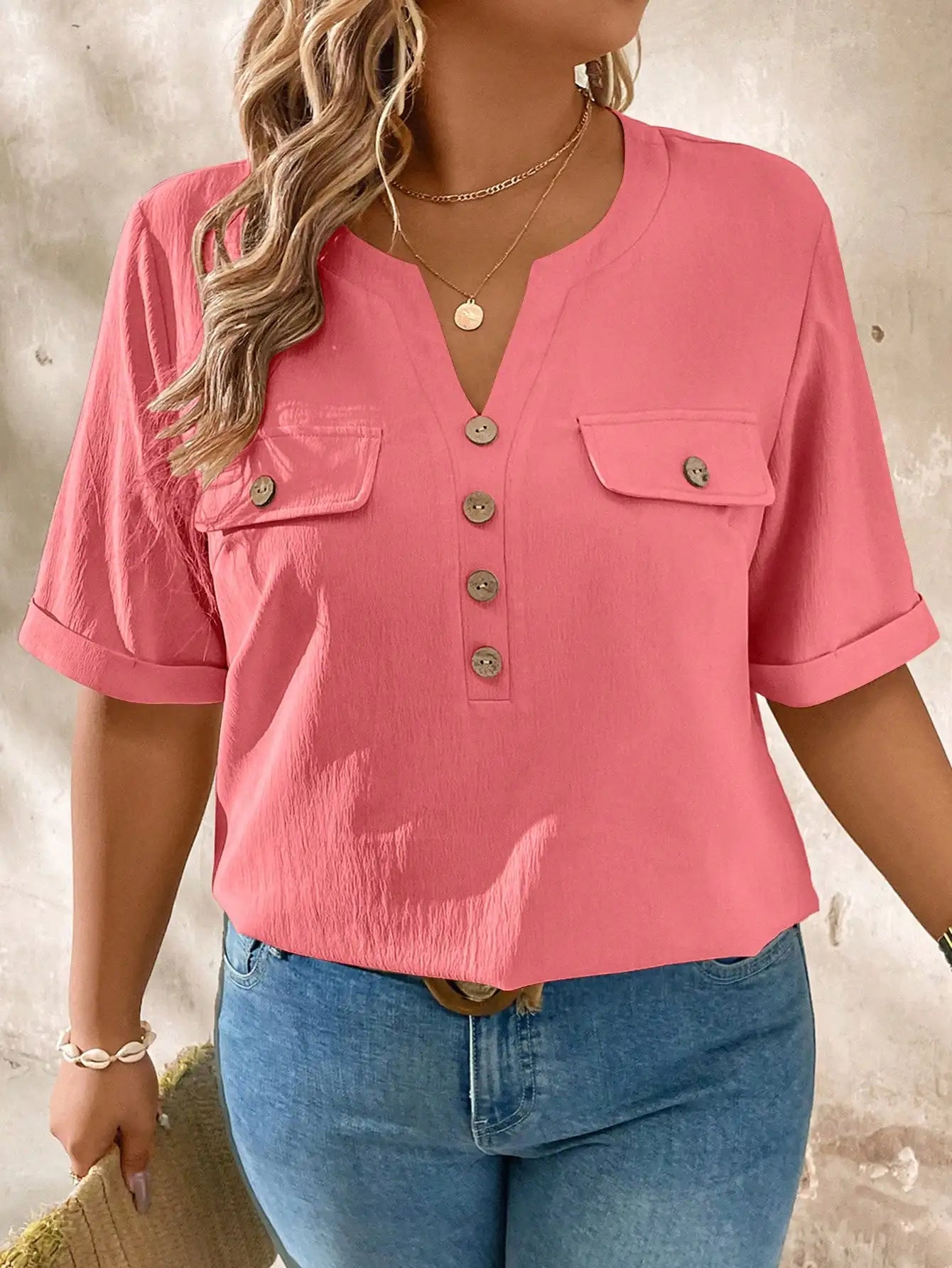 Casual V-Neck Short Sleeve Shirt With Wood Buttons
