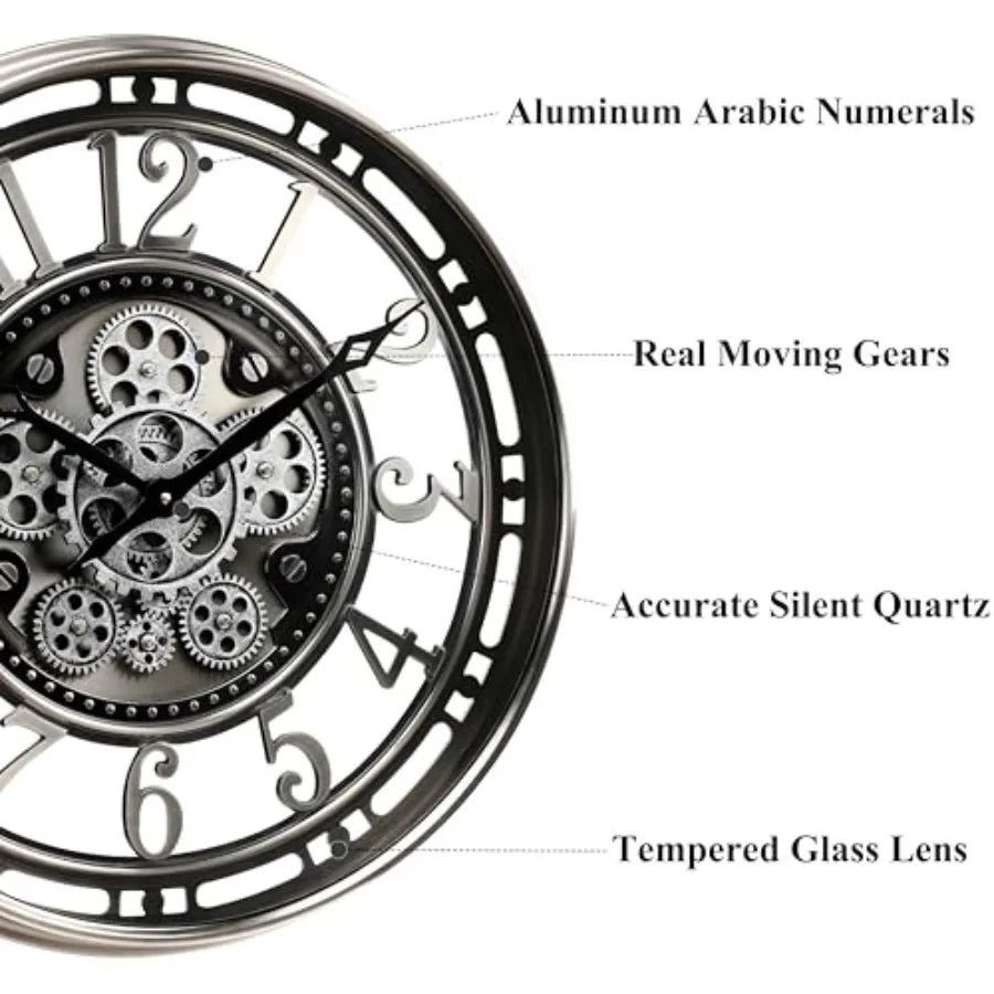 21 Inch Large Moving Gear Wall Clock for Living Room, Industrial Steampunk Decor, Gunmetal Silver Finish, Metal Construction