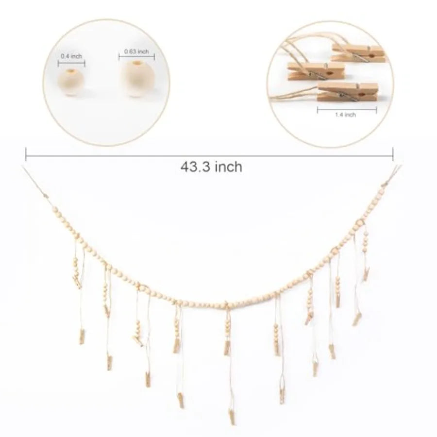 Hanging Photo Display with 18 Wood Clips, Boho Wooden Bead Wall Décor for Bedroom, Living Room, Dorm, Art Picture Display