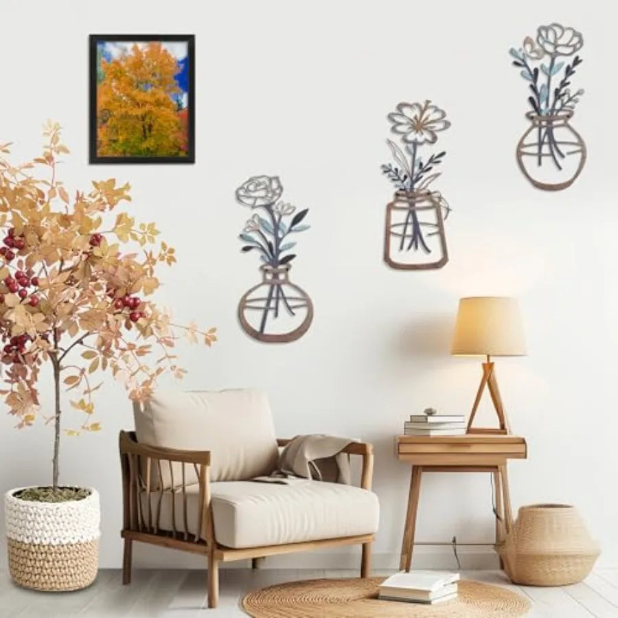 Metal-Wall-Decor Living Room - 3 Pcs Metal Bathroom Wall Art Floral Vase and Picture Frame for Decoration- Hanging Display Wall