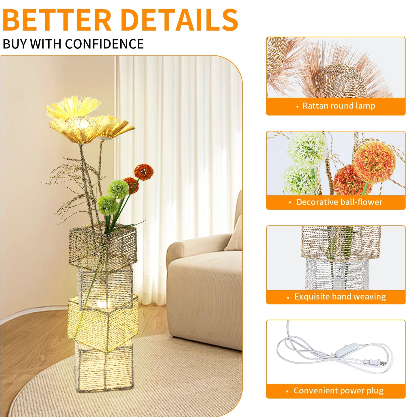 Modern Rattan Floor Lamp Dimmable Standing Floor Lamp Flower LED Night Light for Living Family Bedroom Deco