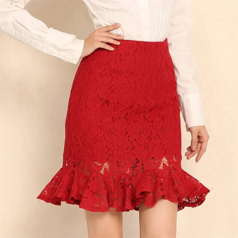 Office Lace Skirt Women Sexy High Waist Pencil Skirt One Step Formal Ruffle
