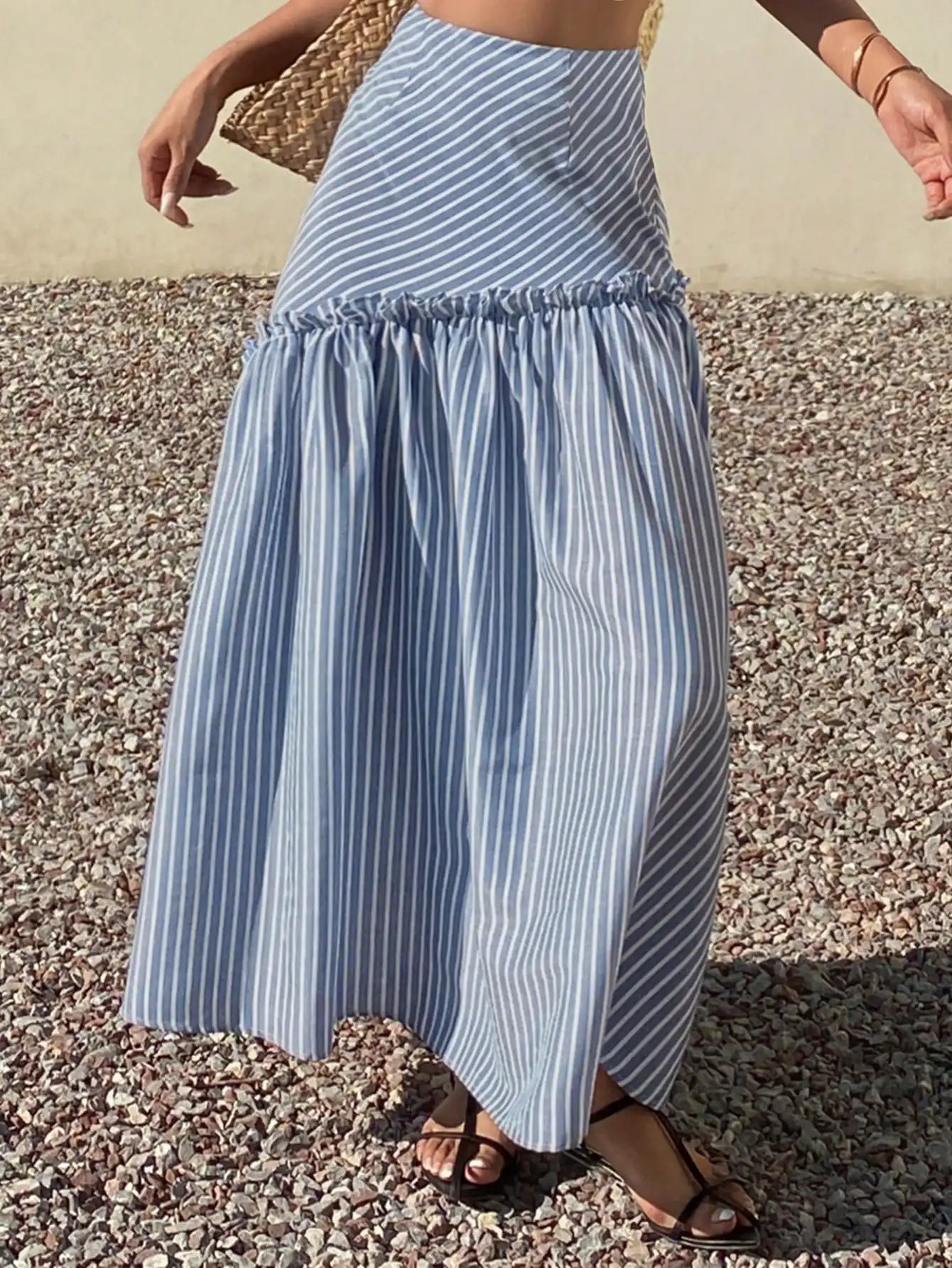 Livesso Loose Casual Vacation Style Beach Fashion Design Frill Asymmetric Striped Print High Waist Women Skirt, Spring/Summer