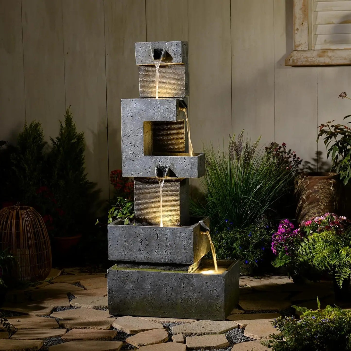 40in 5-Tier Tree Trunk Outdoor Water Fountain LED Garden Patio Backyard Decor, Customized