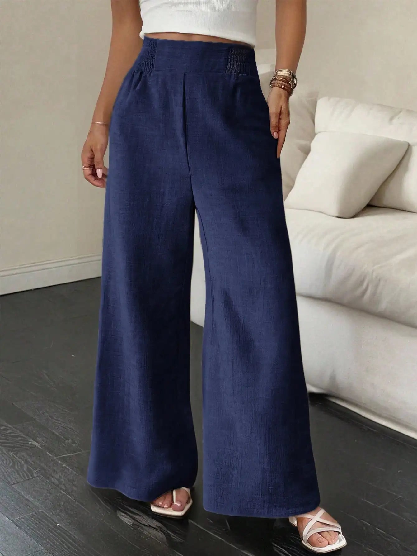 Wide Leg Loose Casual Pants Women High Waist Elastic Waist Summer