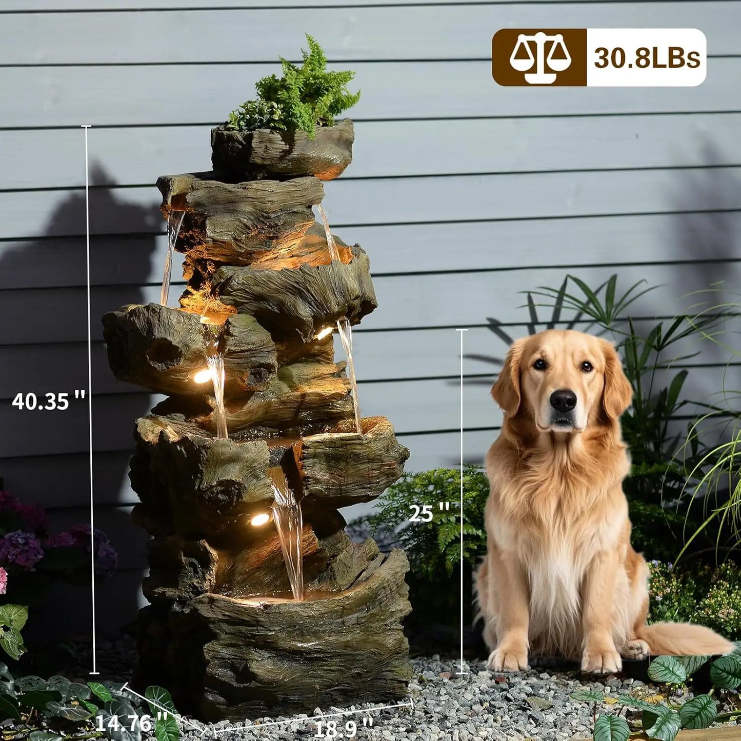 40in 5-Tier Tree Trunk Outdoor Water Fountain LED Garden Patio Backyard Decor, Customized