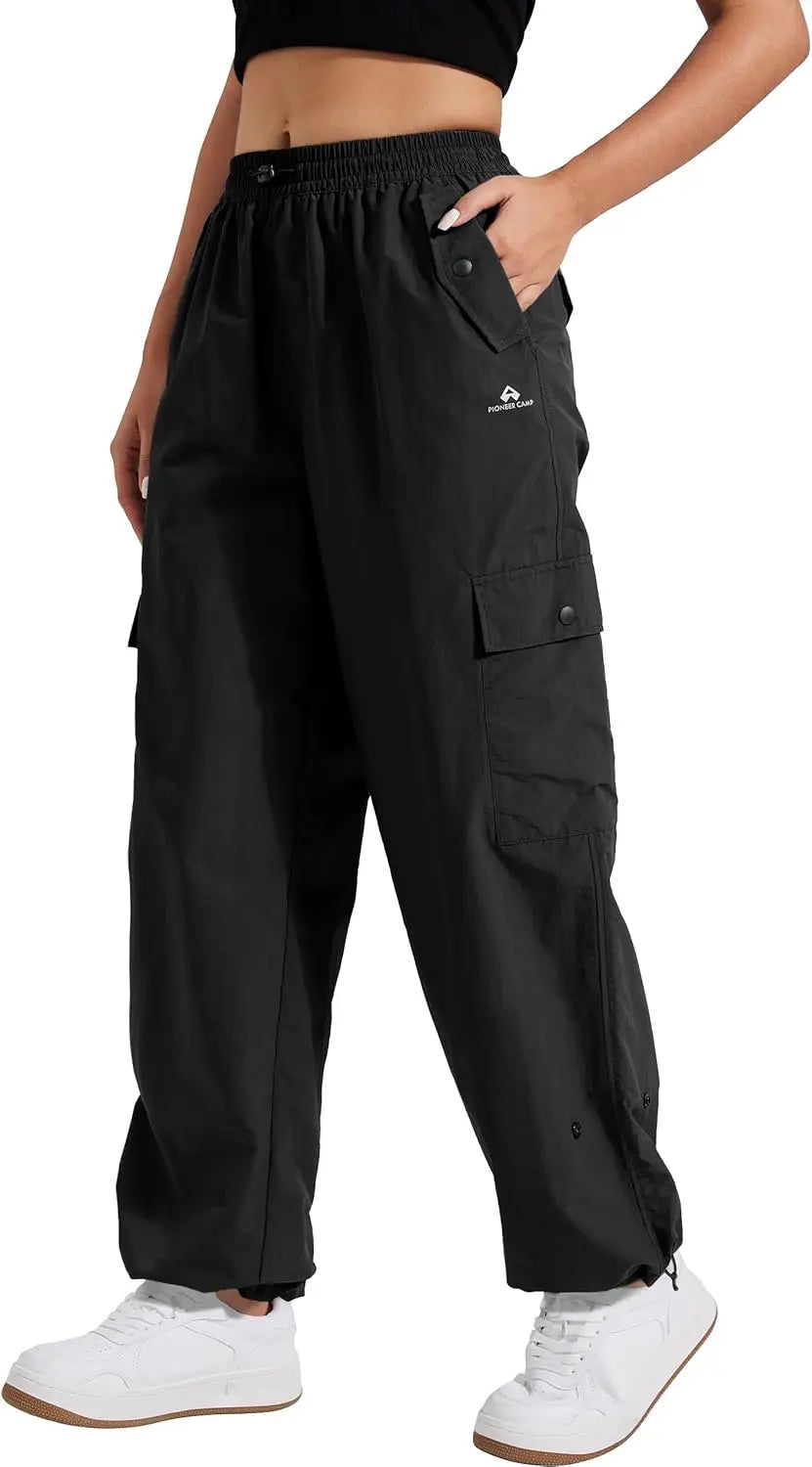 Pioneer Camp Womens Parachute Cargo Pants with Pockets Baggy High Waisted Quick Dry Hiking Pants Lightweight Wide Leg