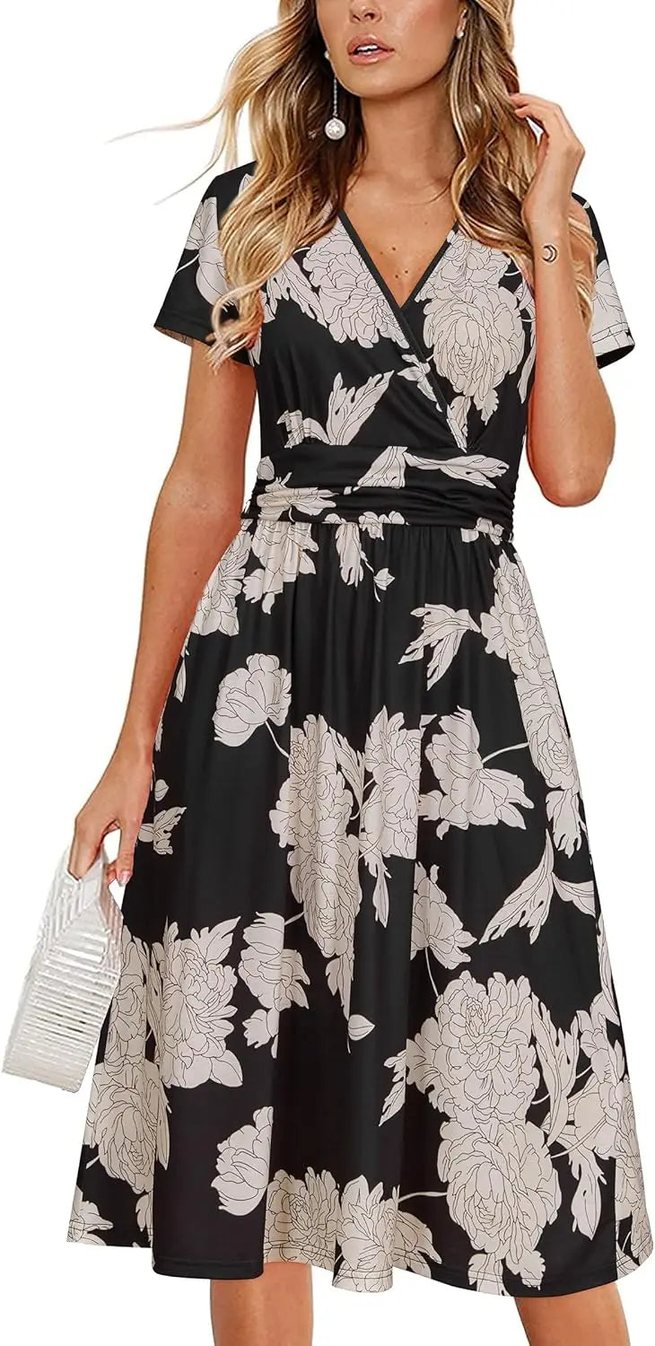 Women's Summer Wrap A-Line Midi Dress with Pocket and V-Neck