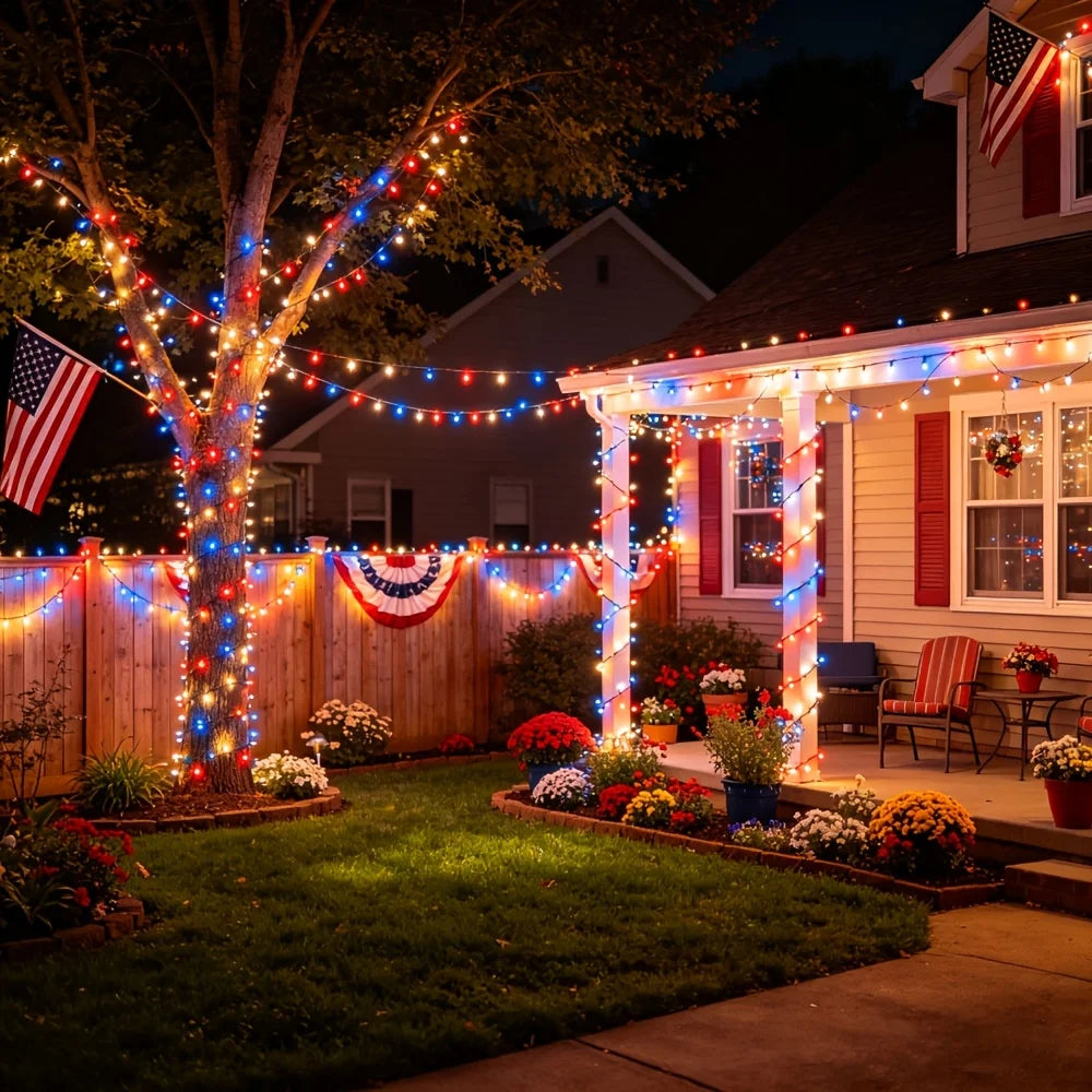 1/2/3 Pack Patriotic Solar LED String Lights, 4Th of July Red White Blue Lights, 12M/22M (39.4Ft/72Ft) 120/240LED 8 Modes Lights, for Independence Day Memorial Day Veterans Day Outdoor Decor