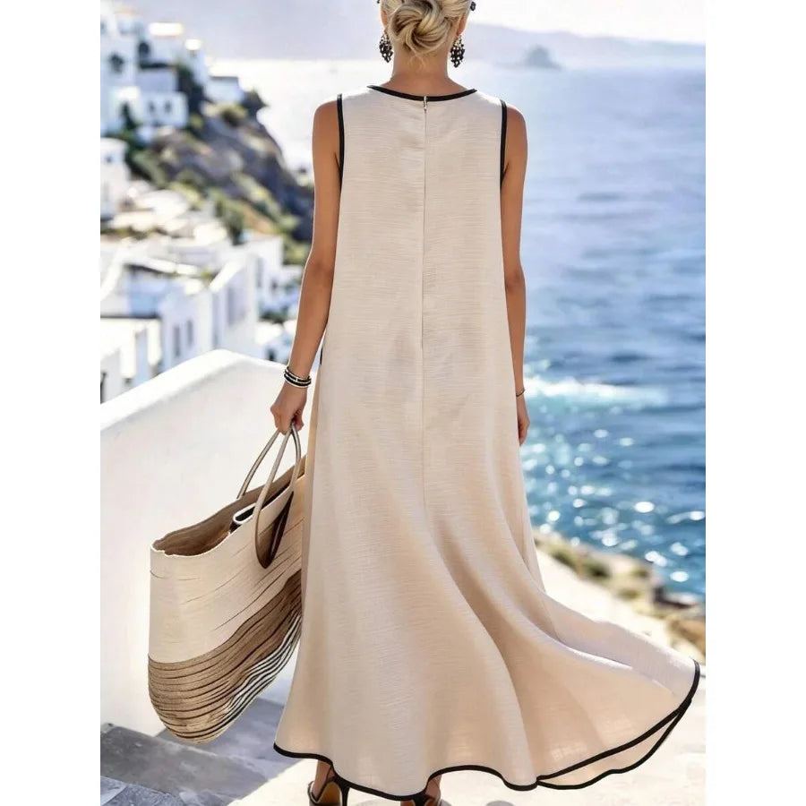 【New style】 Holidaya Women's Casual Vacation Contrast Trim Single Pocket Dress, Casual Long Dress, Spring/Summer Dress Women Va