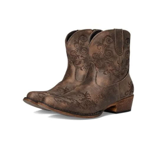 Womens Short Stuff Embroidery Snip Toe Casual Boots Ankle Low Heel 1-2