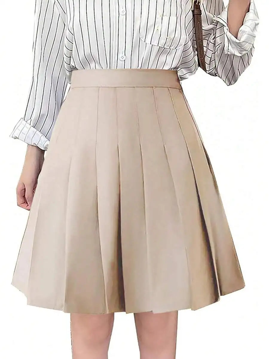 Womens High Waist A-Line Pleated Mini Skirt Solid Color Polyester