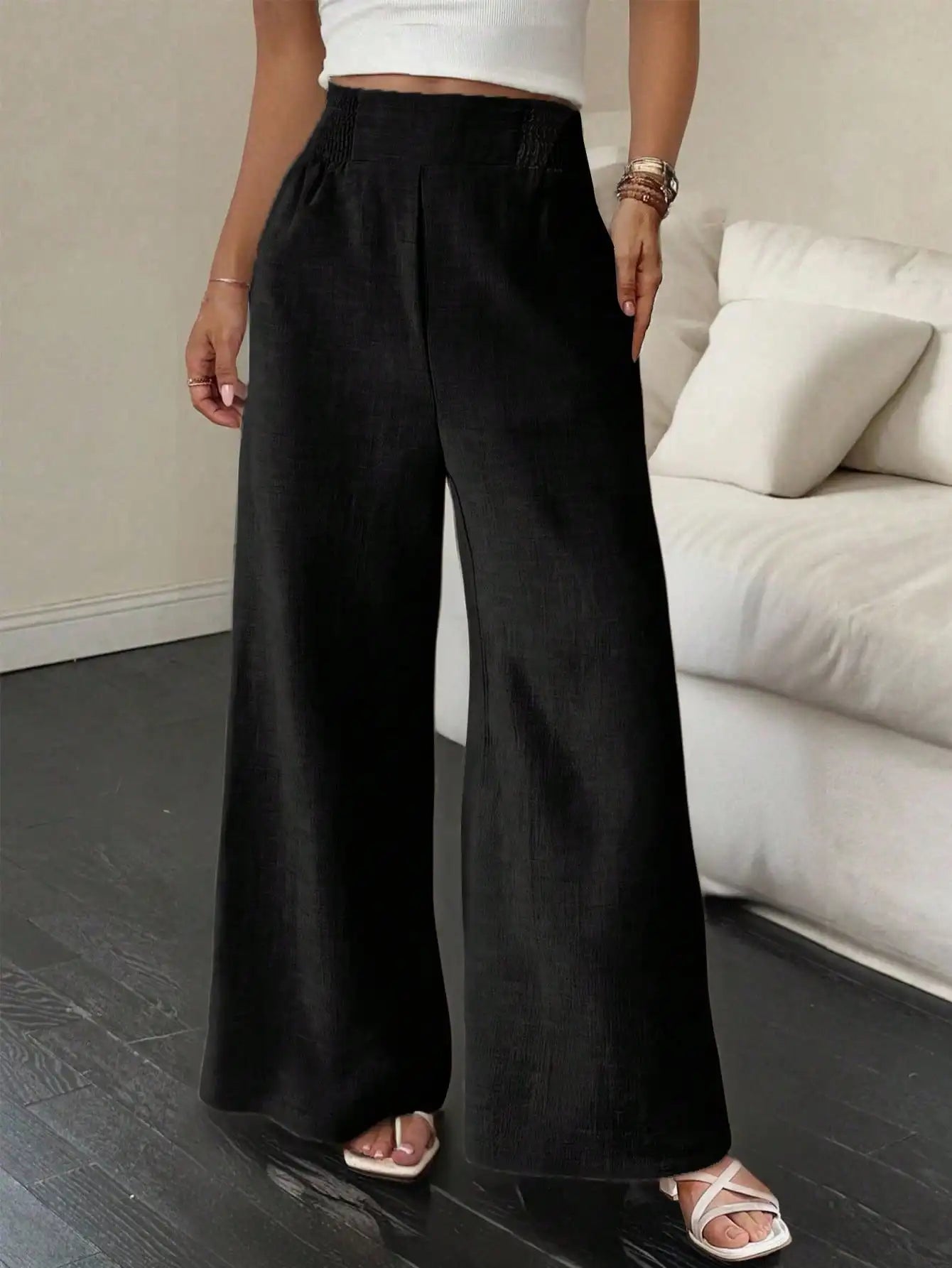 Wide Leg Loose Casual Pants Women High Waist Elastic Waist Summer