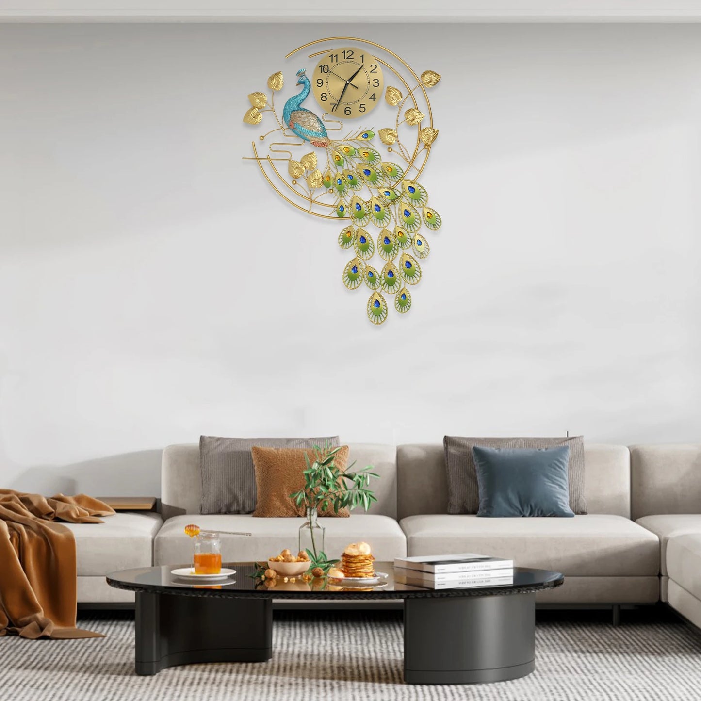 Peacock Art Wall Clock, Large Metal Silent Non-ticking Timepiece, Elegant Luxury Wall Decor for Home Living Room Bedroom