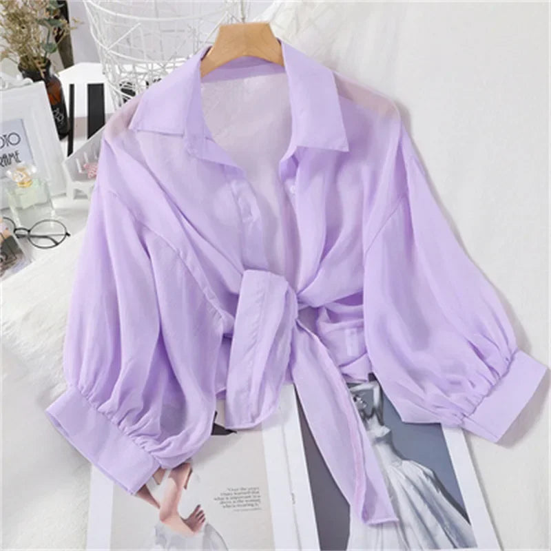 Chiffon Shirts Women 2022 Summer Half Sleeve Buttoned Up Shirt Loose Casual Blouse Tie Waist Elegant Blouses for Women