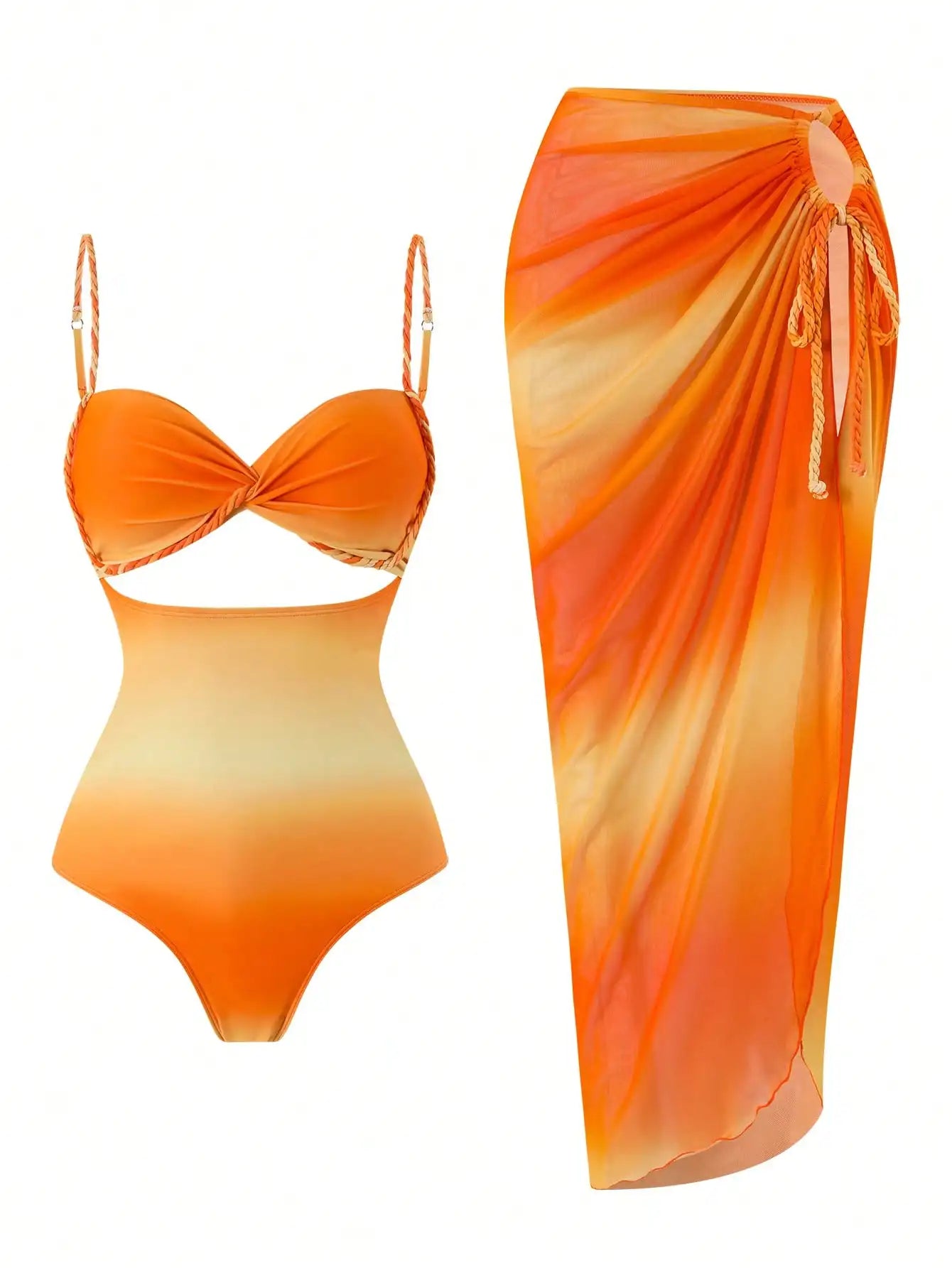 Bonvoyette Summer New Women 2pcs Gradient Strap Tie Side Bikini Set, Halter Top & Beach Skirt