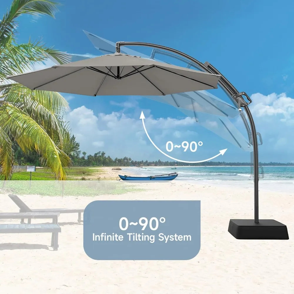 10 FT Cantilever Patio Umbrella with Sandbag Base, UPF50+, Outdoor Hanging Umbrella for Deck Pool Backyard Garden