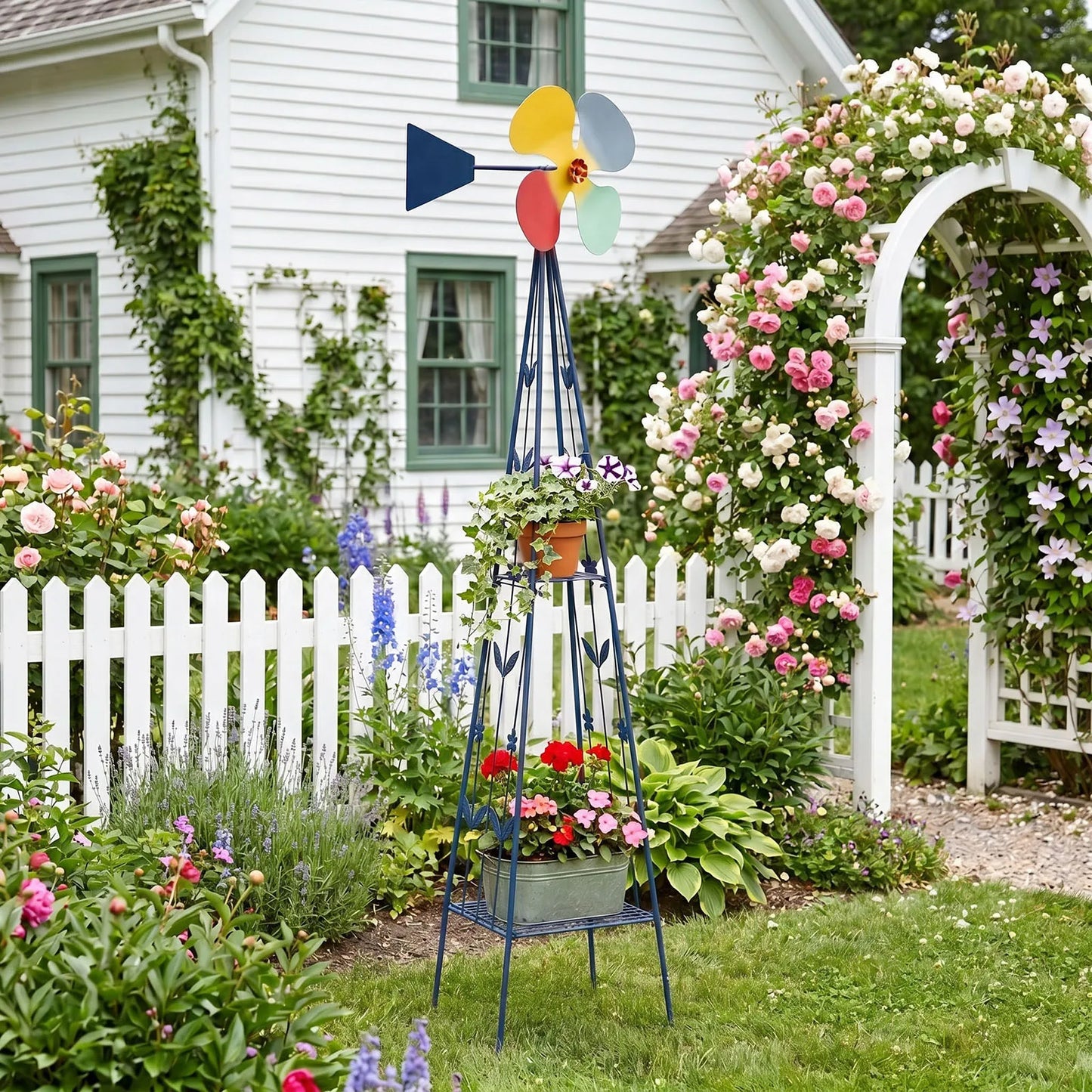 6.2FT Dark Blue Iron Garden Windmill Decor, Weather Resistant Anti-Rust Outdoor Wind Spinner with 4 Smooth Rotatable Blades, Stable 4-Leg Stand with Storage Shelf Easy Assembly Yard Patio Lawn Ornament
