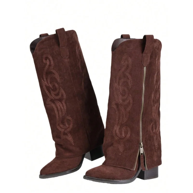 Women's Cowboy Boots Wide Calf Side Zipper Pointed Toe Pull On Boots Western Country Classic Embroidery Flower Fashion Summer Country Concert Boots