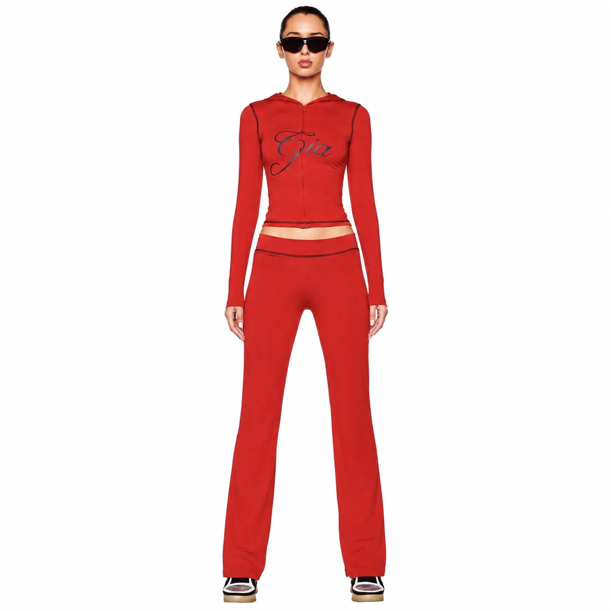 Red Women's Zip-Up Crop Top & Leggings Set with 'Girl' Graphic, Street Style Sporty 2-Piece Outfit for Parties