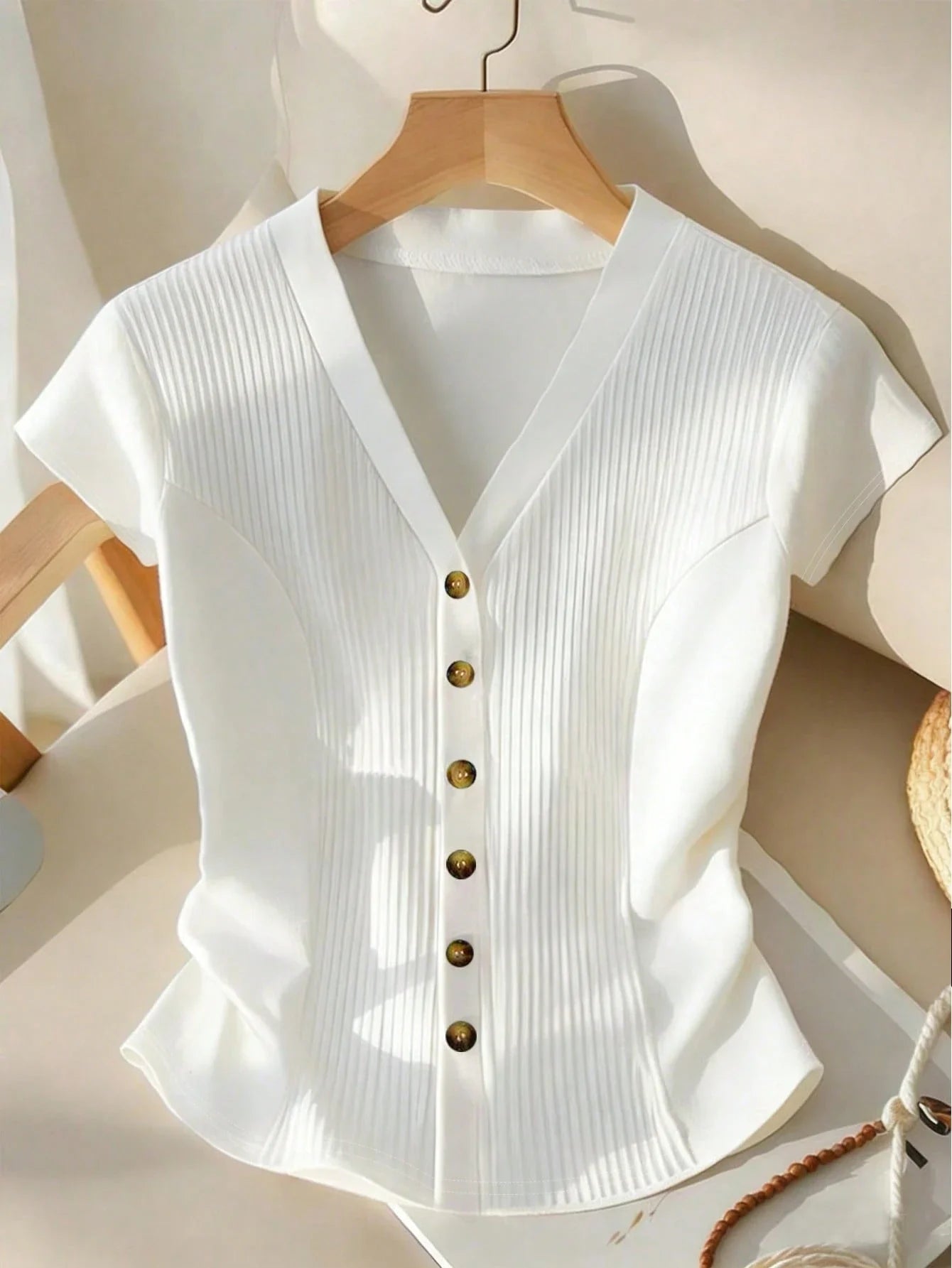 Women's Deep V-Neck Short Sleeve Cinched Waist Button Closure Elegant Casual Blouse
