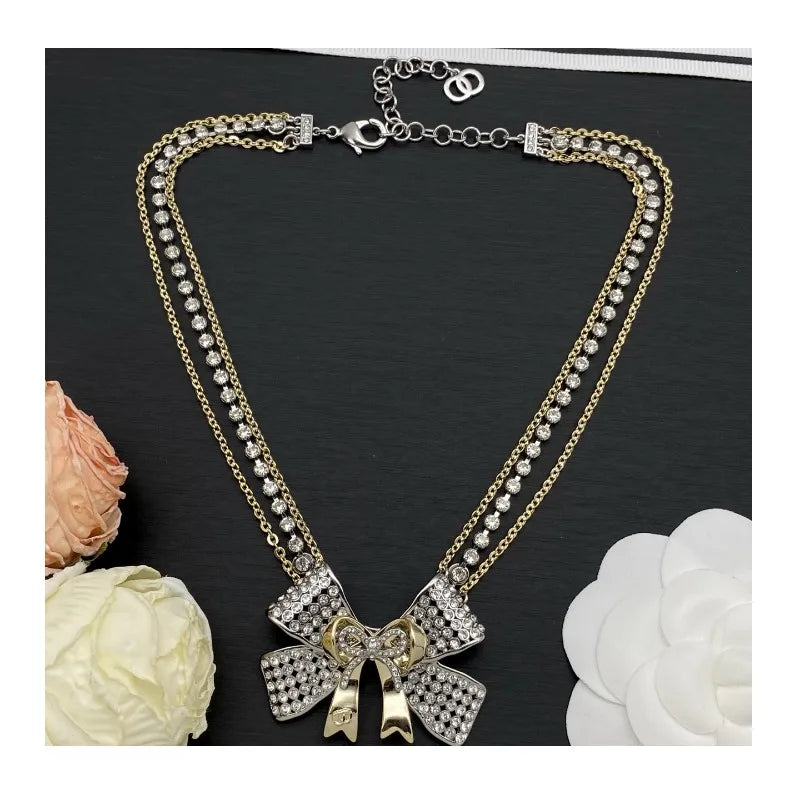 New Bow Diamond Necklace Double Letter Light Luxury High-end Necklace Women