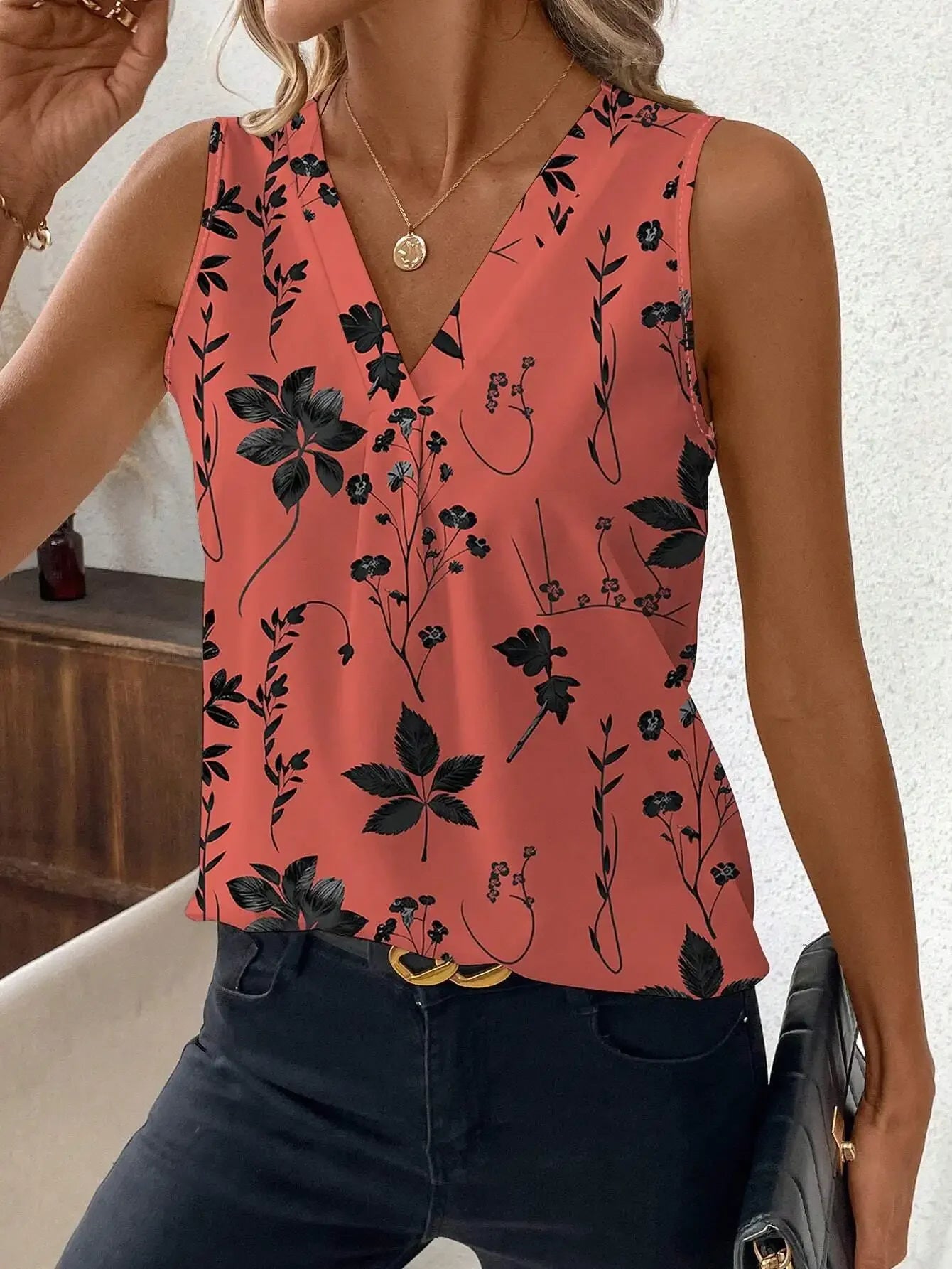 Vintage Floral Print V-Neck Sleeveless Casual Blouse For Women Summer Chic Top
