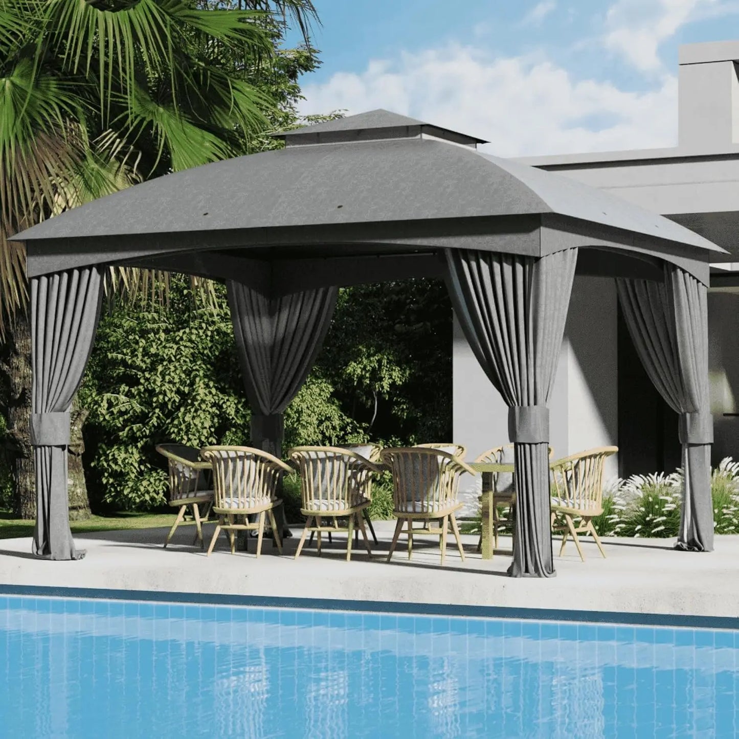 11x13Ft Heavy Duty Steel Frame Gazebo Double Roof with Curtain Netting for Outdoor Patio Garden Yard, Customized