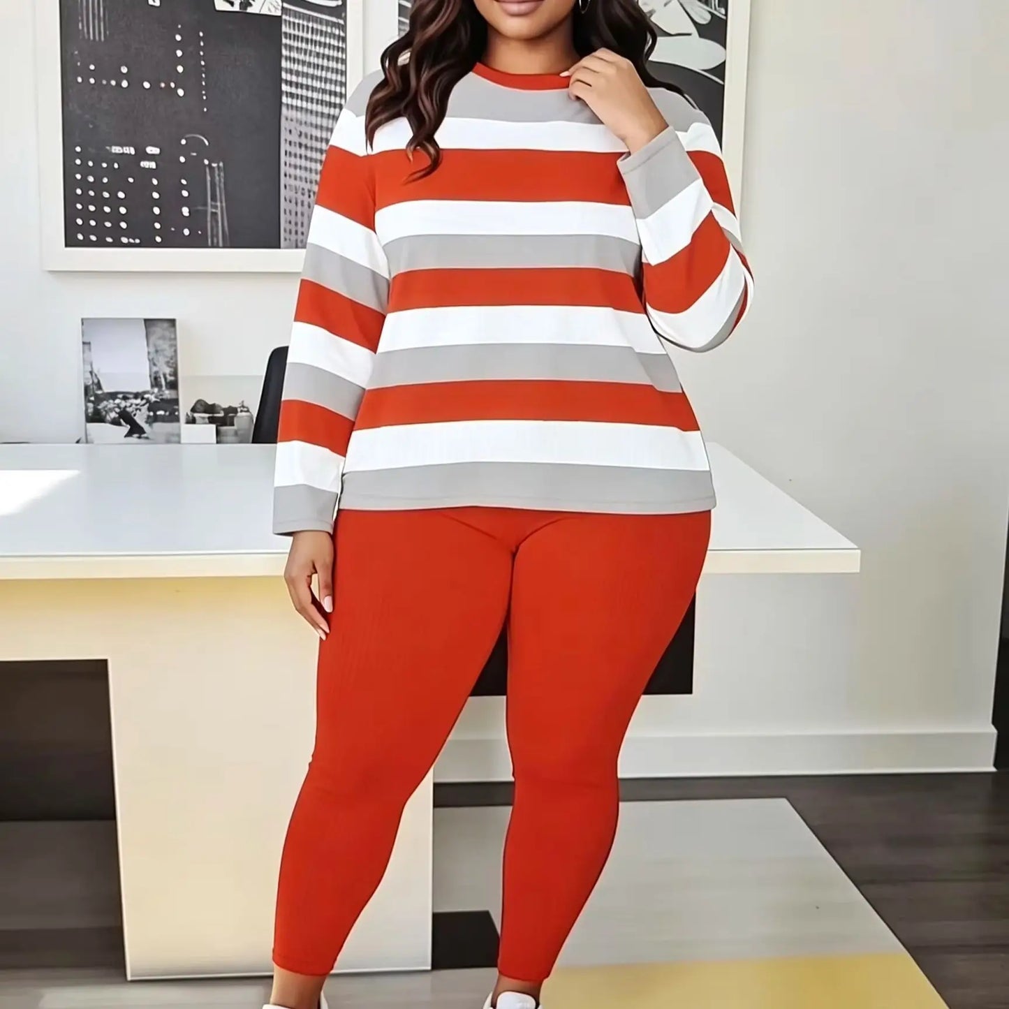 European and American plus size women's red, white, and gray color-block striped long-sleeve top and solid color ribbed pants set; crew neck loose casual loungear
