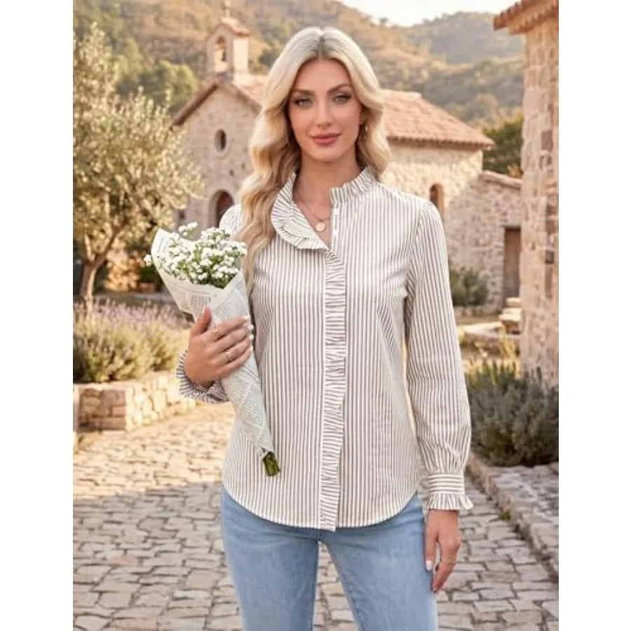 Blooming Jelly Blouses for Women Dressy Casual Striped Long Sleeve Shirts Ruffle V Neck Tops Summer Business Outfits