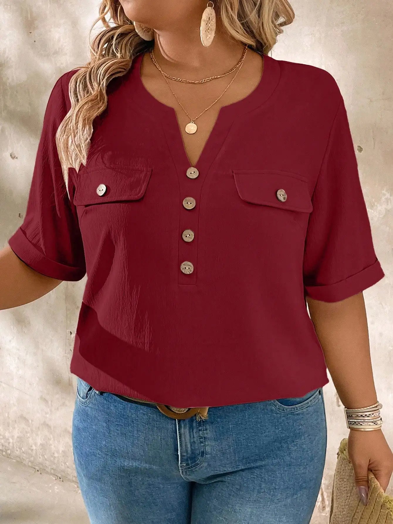Casual V-Neck Short Sleeve Shirt With Wood Buttons