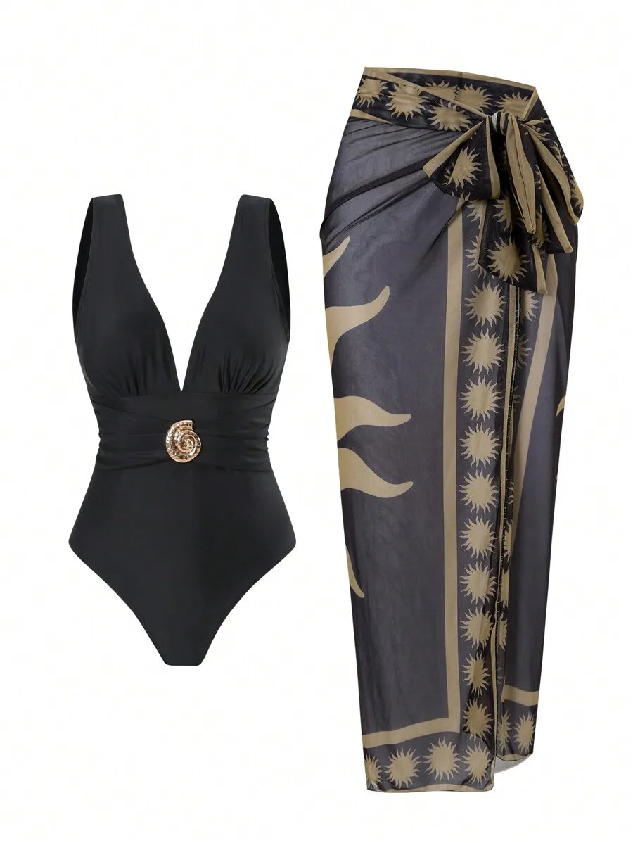 Women Blue Mesh Printed Long Skirt Beach Cover Up Swimsuit Set Summer Vacation