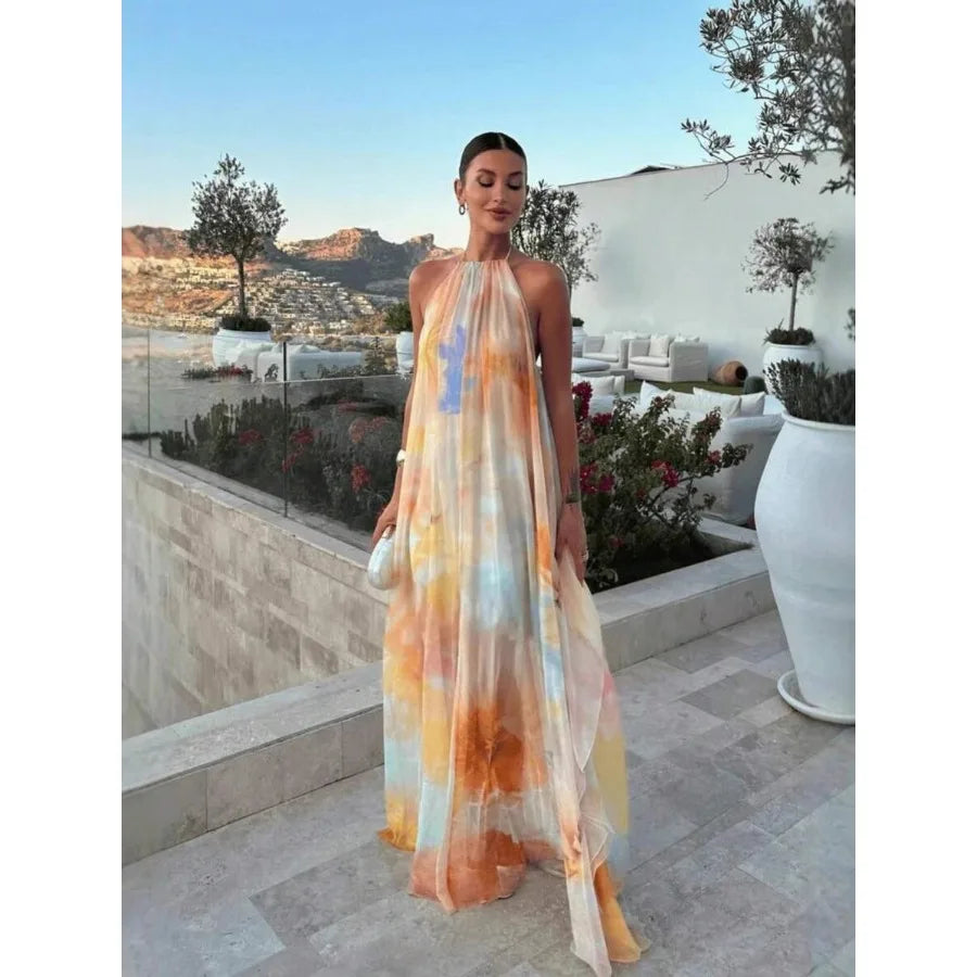 【New style】Vacation Outfits Women Summer Dresses For Women Halter Sleeveless Long Dress Watercolor Print Halter Neck Maxi Dress