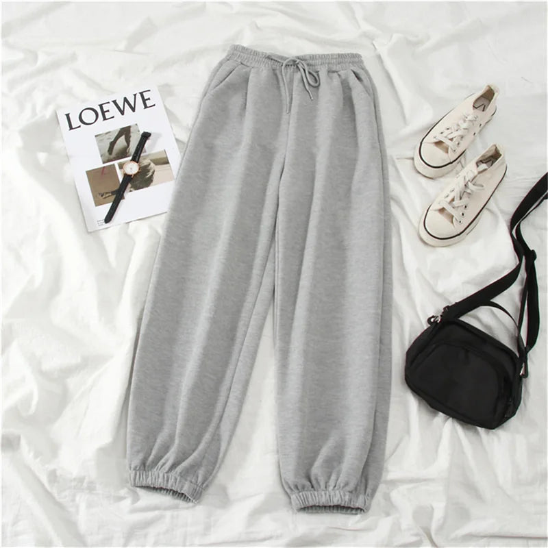 Jogger Pants Cuffed Streetwear Oversize Baggy Thick Solid Gray Black Elastic Waist Autumn Winter Fashion Women Sports Trousers