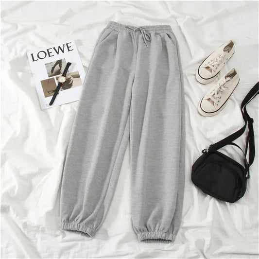 Jogger Pants Cuffed Streetwear Oversize Baggy Thick Solid Gray Black Elastic Waist Autumn Winter Fashion Women Sports Trousers