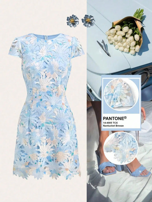 Women's Floral Lace Hollow Out Short Dress Summer Elegant Mini Dress