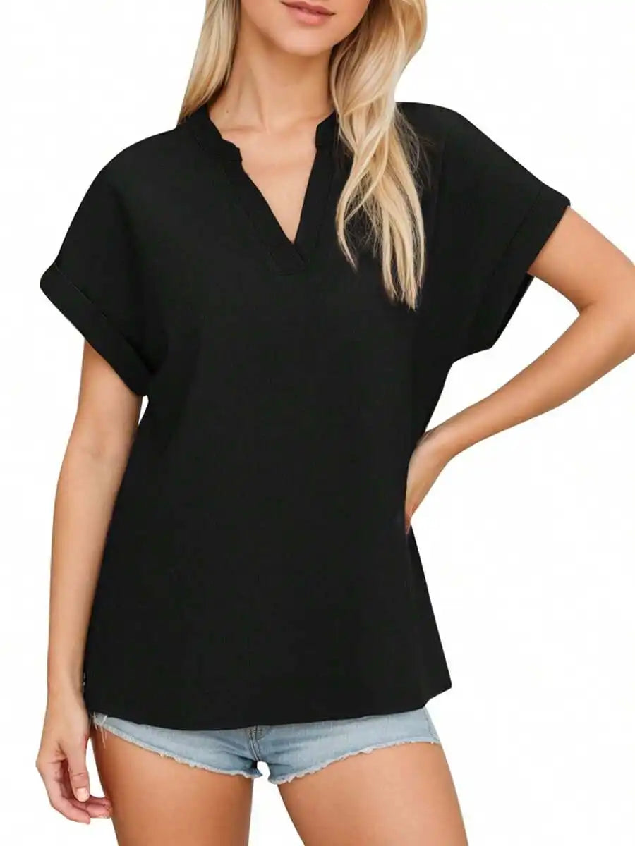 Women Non-Stretch Woven V Neck Casual Short Batwing Sleeve Blouse