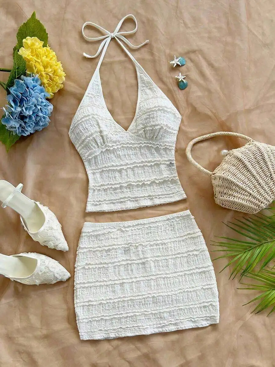 Womens 2-Piece Vacation Set: Halter Neck Floral Top & Matching Skirt, Beach Summer Outfit