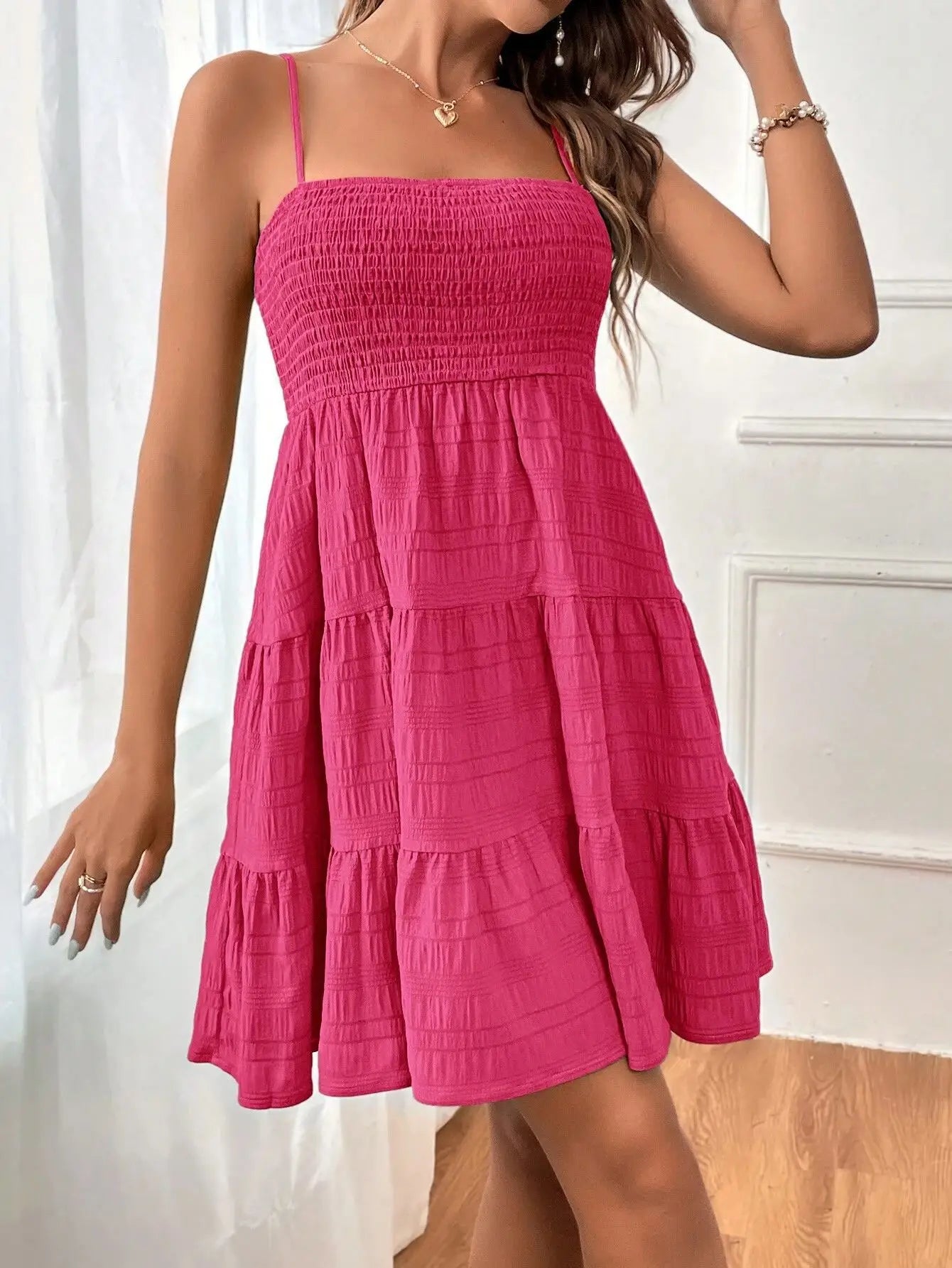 Women's Fashion Cami Ruched Strapless Mini Dress, Blue Ruffled Layered Hem, Summer Casual Off-Shoulder Thin Straps, Solid Color Versatile Textured Vacation Beach Dress