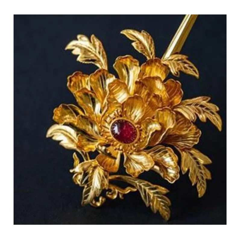Bright Crown Qunfang Gold-plated Restored Gold-inlaid Tourmaline Peony Flower Hairpin Forbidden Hair Accessories Style