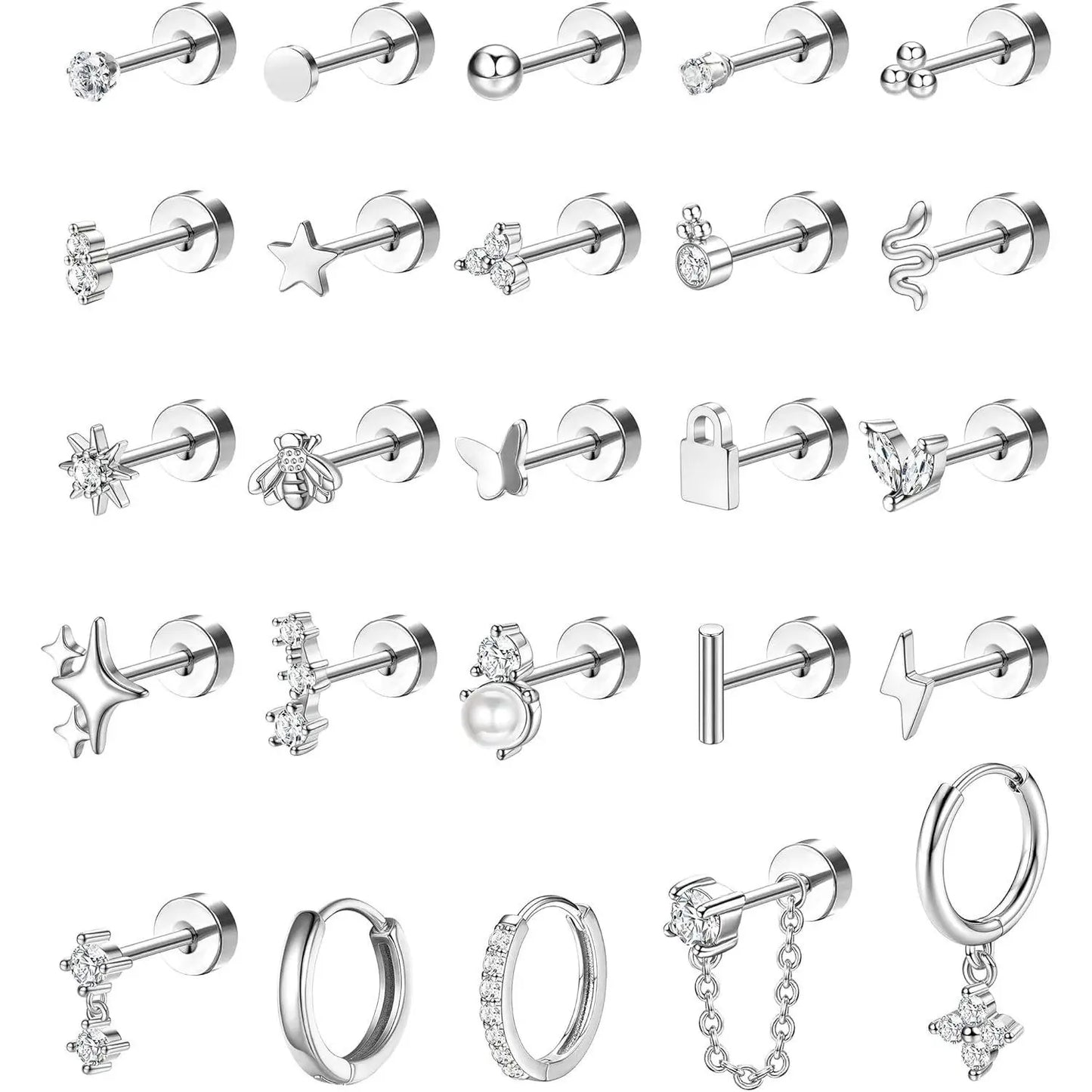 25 Pcs Surgical Steel Earrings for Sensitive Ears for Women Flat Back Studs Hoop Cartilage Earring for Multiple Piercing
